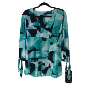 Blouse Alfani Women 3/4 tie Sleeve V Neck Top Blouse Size L geometric print